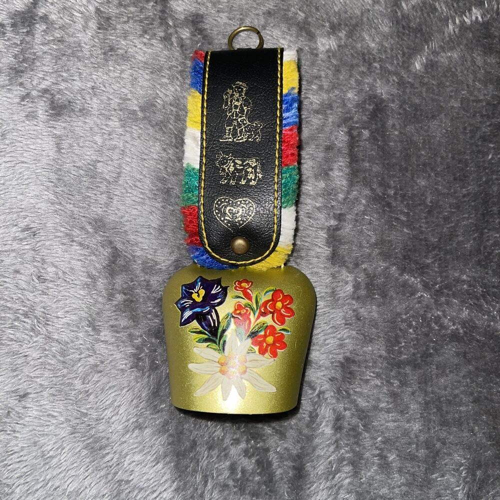 Swiss Decorative Cow Bell Gold Metal Floral Pattern with Embroidered Strap